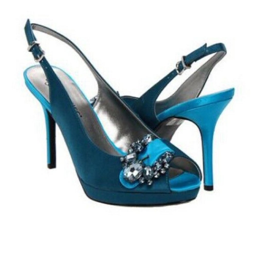 SOLD❗️ New J Renee REGINA Teal & Peacock Jeweled Peeptoe Satin Shoes in Size 8.5 - Picture 10 of 16